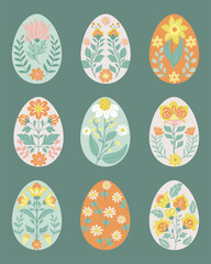 Postcard or poster made from folk art elements. Folk flora and fauna vector illustration isolated on white background. Hand drawn folk flowers. Scandinavian traditional motif