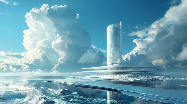 Futuristic weather control tower, harnessing technology to bring sunshine or rain at will