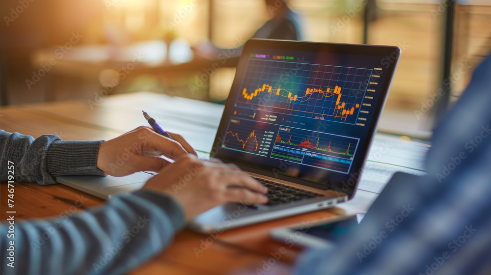 Aufkleber professionals are analyzing data on a laptop screen, which displays various colorful graphs and char