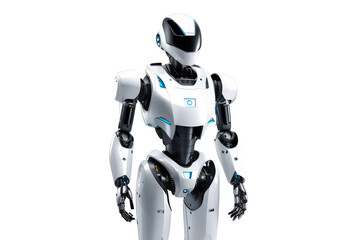 a high quality stock photograph of a single ai robot full body isolated on a white background