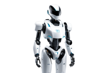 a high quality stock photograph of a single ai robot full body isolated on a white background