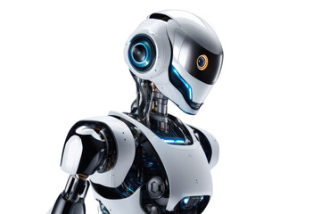 a high quality stock photograph of a single ai robot full body isolated on a white background