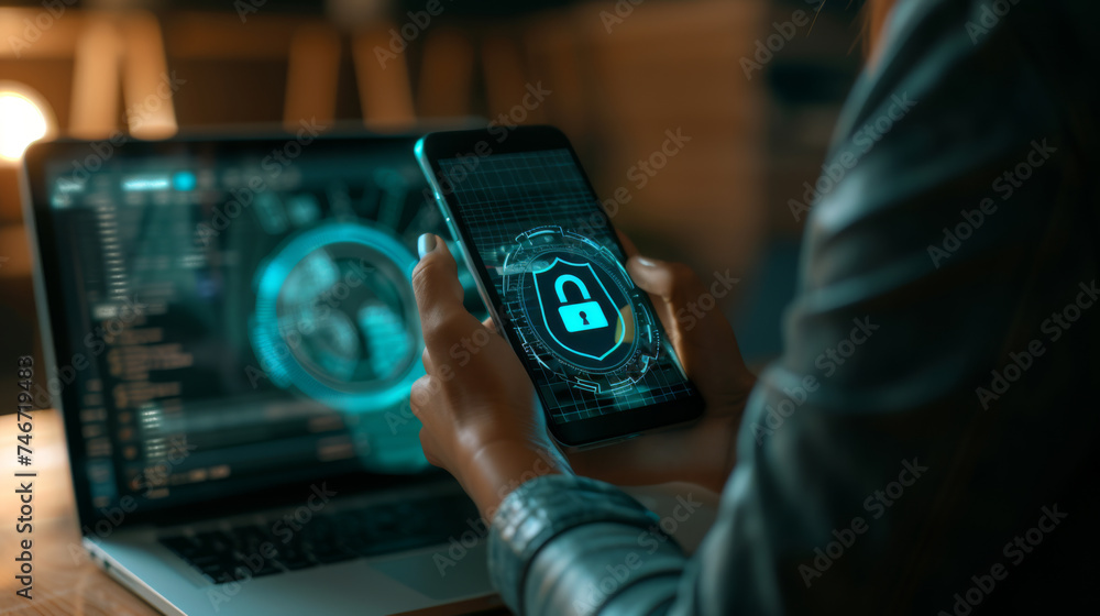 Poster a person's hand is interacting with a smartphone displaying a cybersecurity lock graphic, with a lap