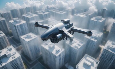 A high-tech surveillance drone hovers above a cloud-covered cityscape, its cameras scanning the urban environment below. AI generation