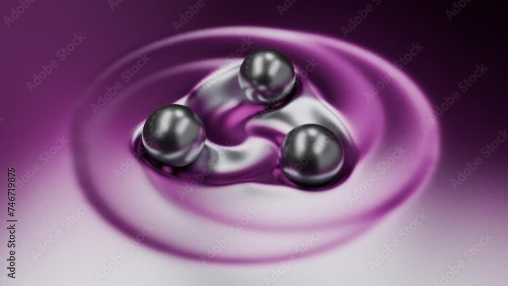 Poster loop 3d animation of a liquid metal surface with noise and grain. three drops of metal fly above the
