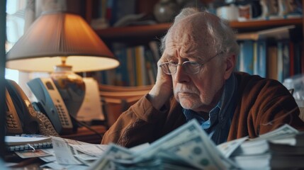 Elderly Woman with Worried Expression Staring at Medical Bills on Cluttered Desk: Financial Stress and Health Care Costs for Seniors - obrazy, fototapety, plakaty
