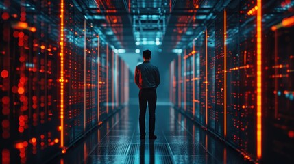 IT Professional in Data Center, man in business casual attire stands contemplatively in a vibrant data center illuminated by red lights, symbolizing the intersection of human expertise and technology - Powered by Adobe