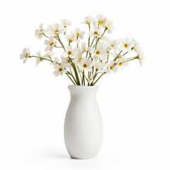 White vase with many small white flowers on a white background
