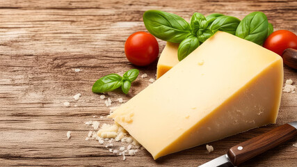 Parmesan cheese with basil, tomato and knife on old wooden background.Generative AI