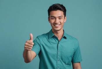 A smiling man in a teal shirt giving a thumbs up, looking approachable and confident. - obrazy, fototapety, plakaty