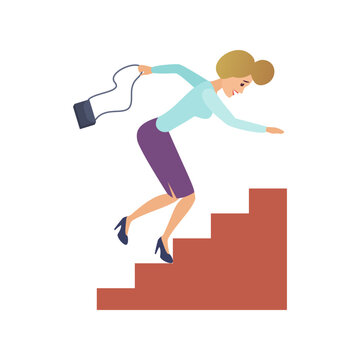 Business lady climbing stairs, female character stumbles and falls vector illustration