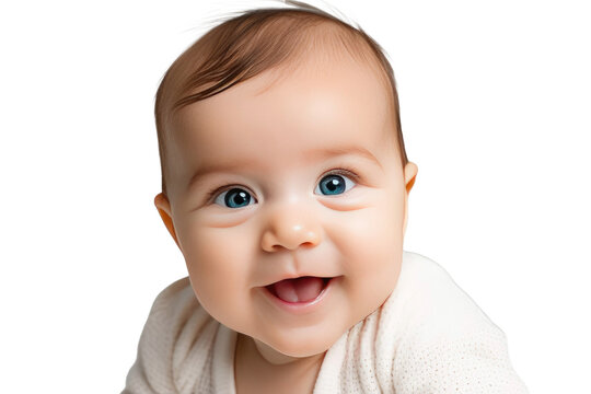 A high quality stock photograph of a single cute happy baby isolated on a white background