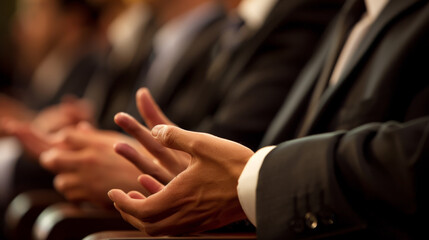 a person's hands are gesturing expressively during a business discussion, with a laptop and documents on the table, illuminated by soft sunlight in the background.