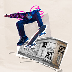 Young active boy, skateboarder training, doing stunts over historic building and abstract shapes....