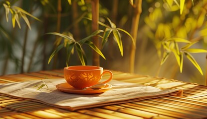 an AI-generated image exploring the concept of mindfulness in a tea ceremony, with close attention to the meditative quality of a orange tea set pottery on a pristine bamboo napkin