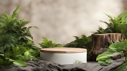 Empty product podium in tropical forest with tropical leaves for product presentation and bright, pastel background.	
