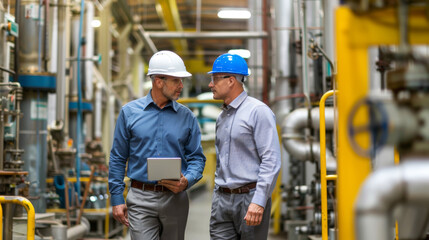 Two professionals in hard hats discuss work on a tablet while walking through an industrial manufacturing facility.