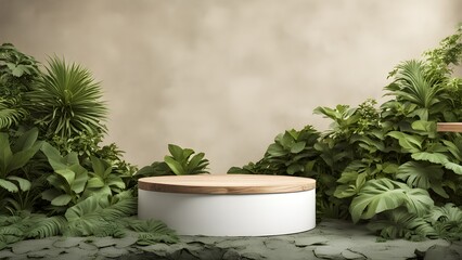 Fototapeta na wymiar Empty product podium in tropical forest with tropical leaves for product presentation and bright, pastel background. 