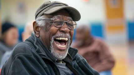 Vibrant Senior Man Laughing with Friends at Community Center - Importance of Social Connections and Aging Well