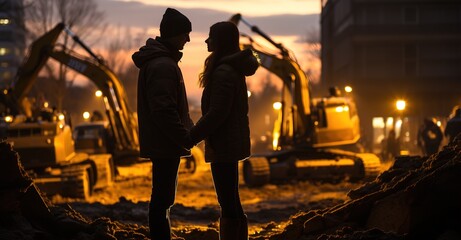 Fototapeta premium couple talking with excavators on construction site at sunset stock photo, in the style of uhd image, dark yellow, site-specific, gemstone, representational, womancore, commission for