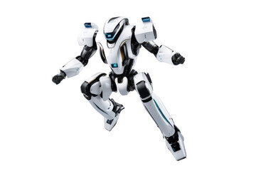 a high quality stock photograph of a single jumping ai robot full body isolated on a white background