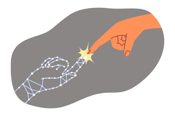 Touch of hands of digital and real person symbolizes synergy of cyber universe or artificial intelligence with world of people. Digital robot finger touches human for collaboration and coworking