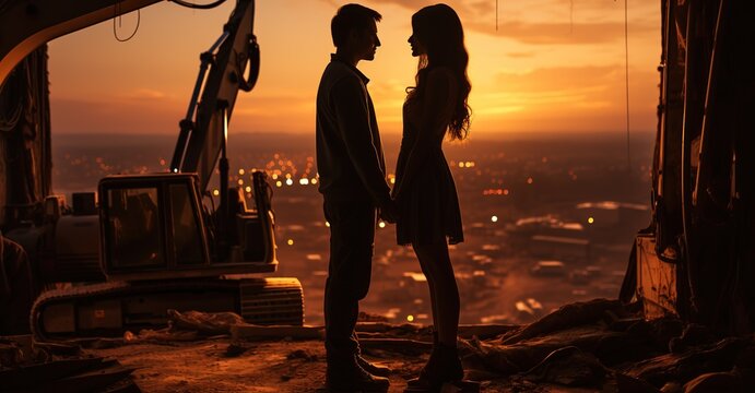 couple talking with excavators on construction site at sunset stock photo, in the style of uhd image, dark yellow, site-specific, gemstone, representational, womancore, commission for