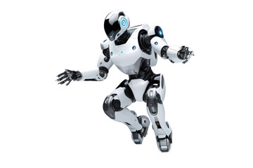 a high quality stock photograph of a single jumping ai robot full body isolated on a white background