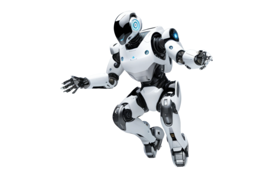a high quality stock photograph of a single jumping ai robot full body isolated on a white background
