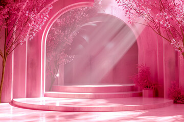 Mystic Pink Stage with Fog and Spotlight Illumination created with Generative AI technology