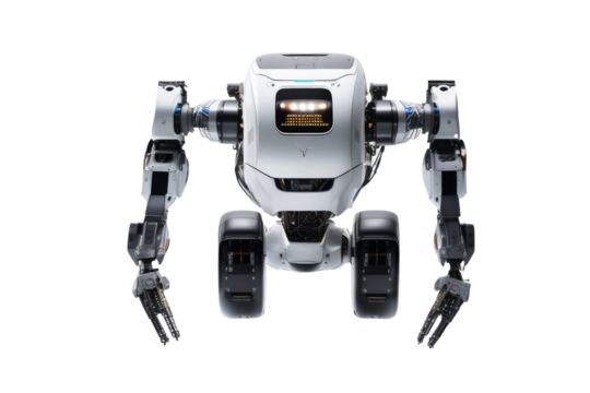 a high quality stock photograph of a single jumping ai robot full body isolated on a white background