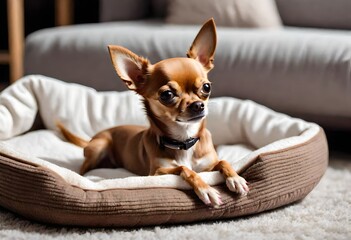 chihuahua puppy sitting on a bed