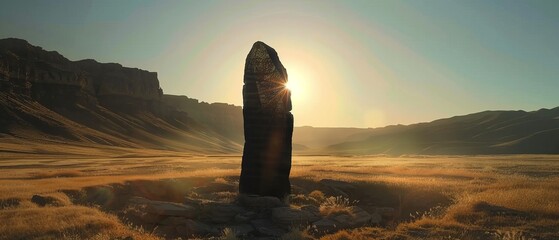 A surreal mystical black stone or a giant sculpture in a valley among the mountains in a minimalist style. A ceremonial or religious or mysterious place