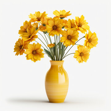 Beautiful yellow vase with many yellow flowers isolated on white background