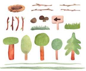 Watercolor illustration clipart on transparent background. Cute set of hand-drawn watercolor elements - trees, branches, grass, spruces, nest, and stones.