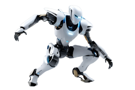 a high quality stock photograph of a single jumping ai robot full body isolated on a white background