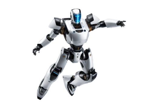 a high quality stock photograph of a single jumping ai robot full body isolated on a white background