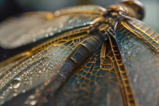 a close up of a dragonfly with drops of water on it's wings