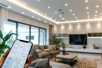 Smart Home Control. smart home in a sustainable environment. The concept of the Internet of Things with an image of a smart home, featuring various connected devices and appliances. - obrazy, fototapety, plakaty