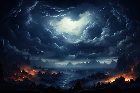 dark blue clouds nastia rain storm lightning clouds, in the style of mysterious backdrops, detailed backgrounds