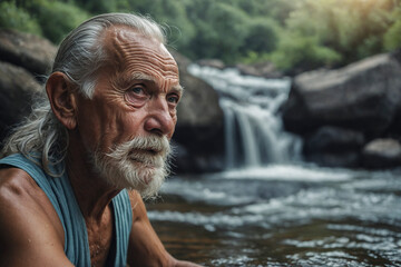 Close-up of an aged man with gray goatee and gray ponytail wearing tank top next to river waterfall.