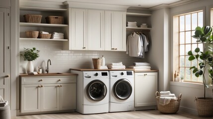 A beautiful laundry room design with top loading washer
