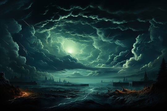 dark cloud cover, dark night time sky, in the style of mysterious backdrops, dark cyan