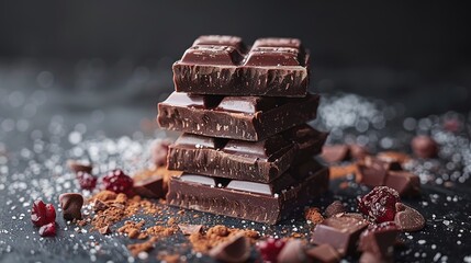 Composition of bars and pieces of different milk and dark chocolate, grated cocoa