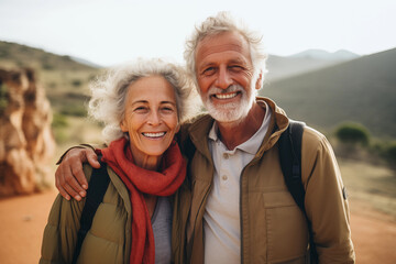 Middle age couple hiking and going camping in nature. Concept of choosing of a right path at the wildlife area.