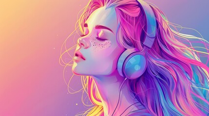 Serene Woman with Headphones in Colorful Bliss An evocative digital portrait of a serene woman with headphones, her hair a cascade of vibrant colors, against a gradient background.