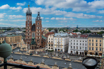 Krakow city center with St. Mary's Basilica from above in Krakow, Poland