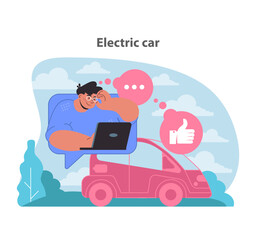 Embracing the electric revolution. A cheerful user interacts online, symbolizing widespread acceptance.