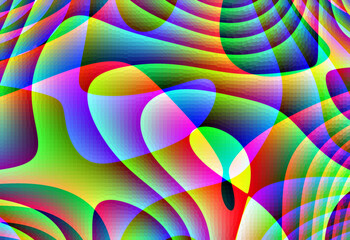 Abstrakcyjne tęczowe tło graficzne, nowoczesna ilustracja. Faliste zaokrąglone kształty w żywej kolorystyce z cyfrowym efektem luminescencji oraz chropowatą teksturą © ellaa44