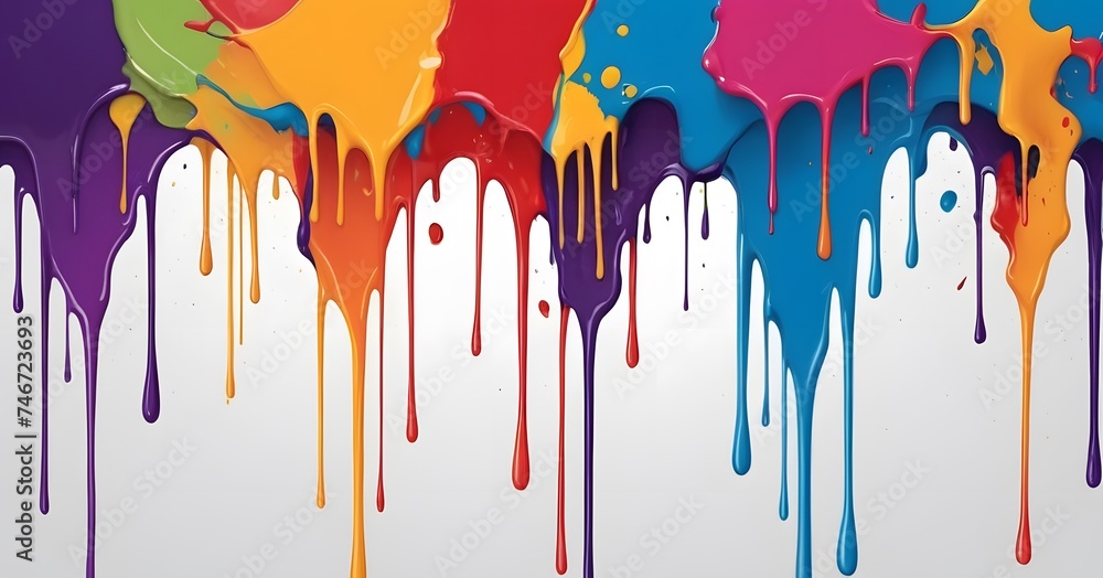 Poster paint in a spectrum of colors drips down a canvas, creating a vibrant and playful abstract piece. ai
